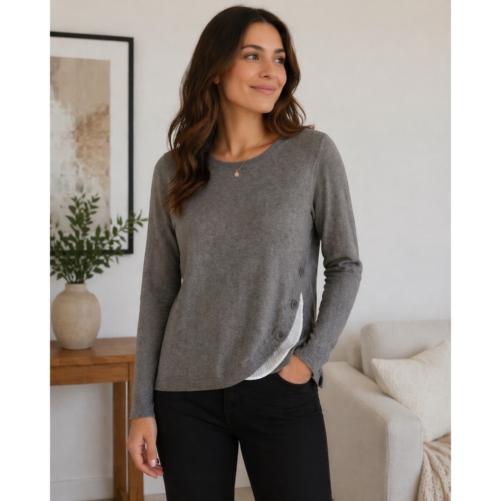 The Limited Gray Crewneck Sweater Womens Medium Pleated Side Button Detail